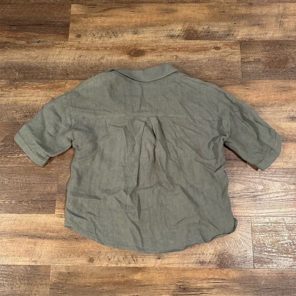 100% Linen Army Green Button Collared Top S Utility Cottage Short Sleeve FLAWS - Picture 2 of 9